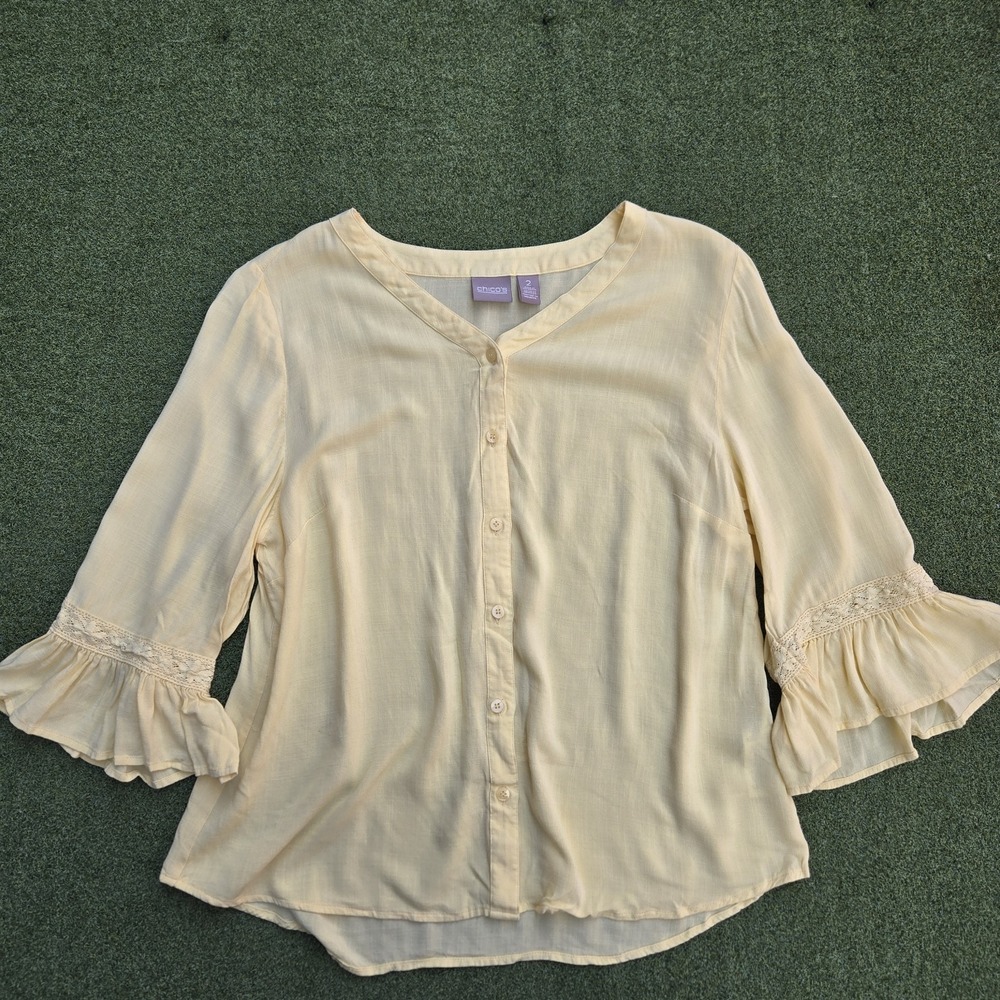 Chico's Women's Yellow Top Size 2 Button Up 3/4 Flutter Sleeve